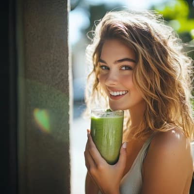 Green smoothie on a bed of fresh spinach