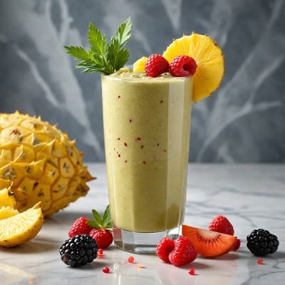 Mixed berry smoothie topped with fruit